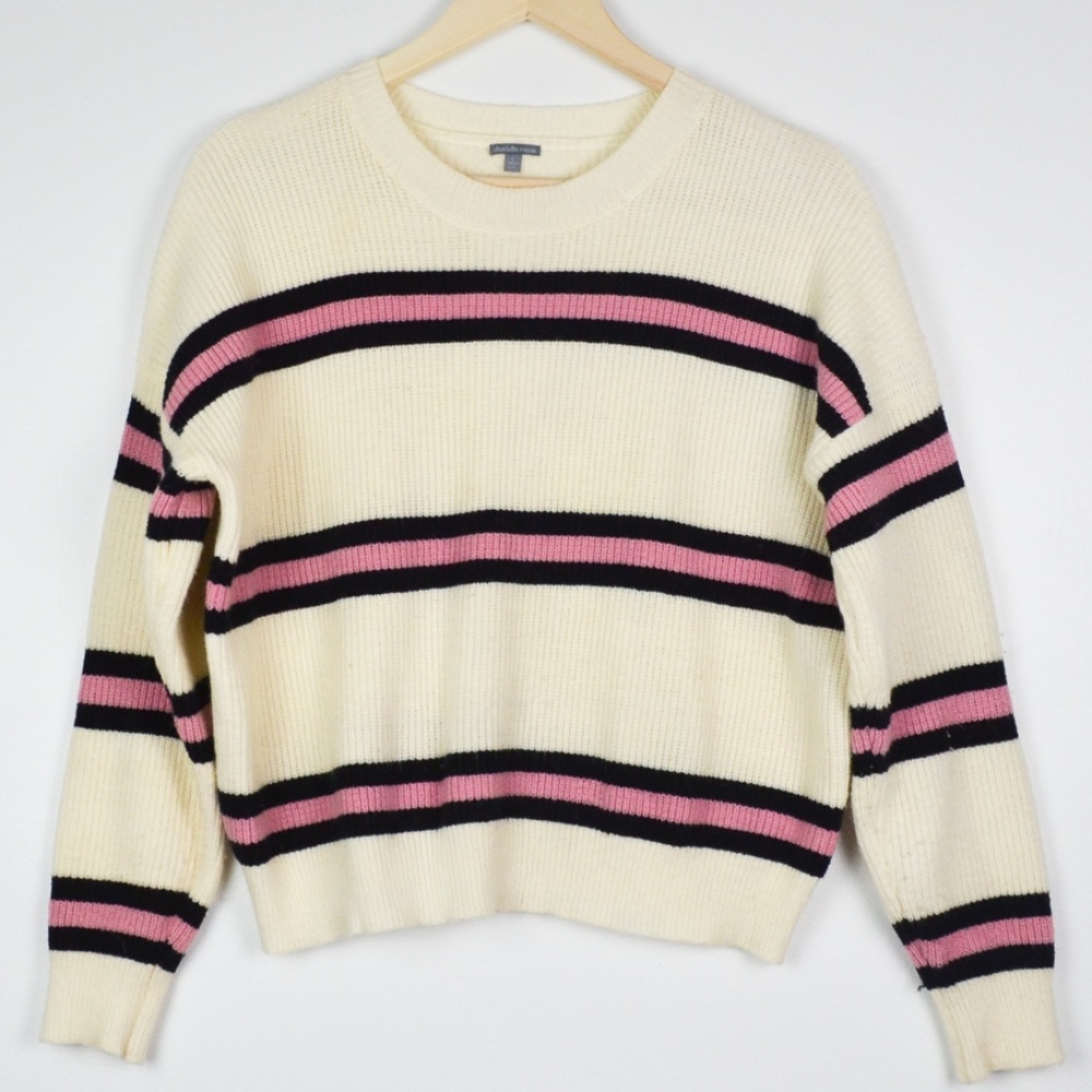 Cream & Pink Striped Crew Neck Sweater